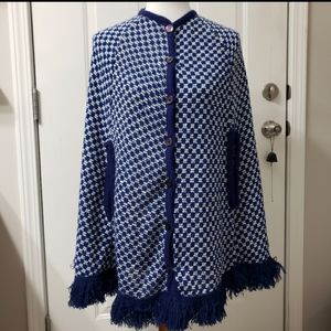 Vintage Blue White Houndstooth Fringe Trim Cardigan Sweater Poncho One Size Mod